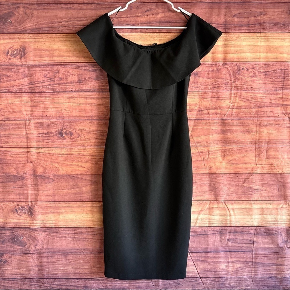 Zara Basic Black Off The Shoulder Ruffle Midi Sheath Dress NWT Small